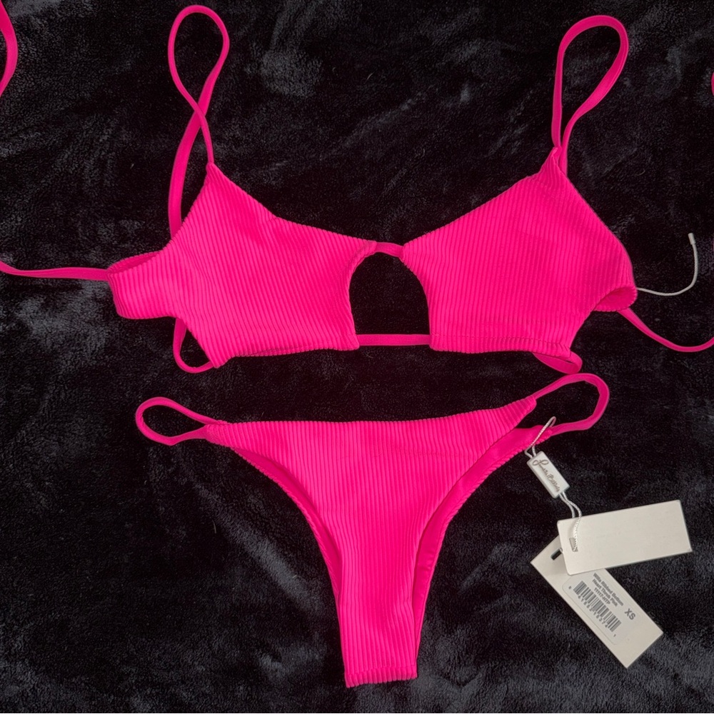 NWT XS Frankies Bikinis Neon Pink Ribbed Bikini